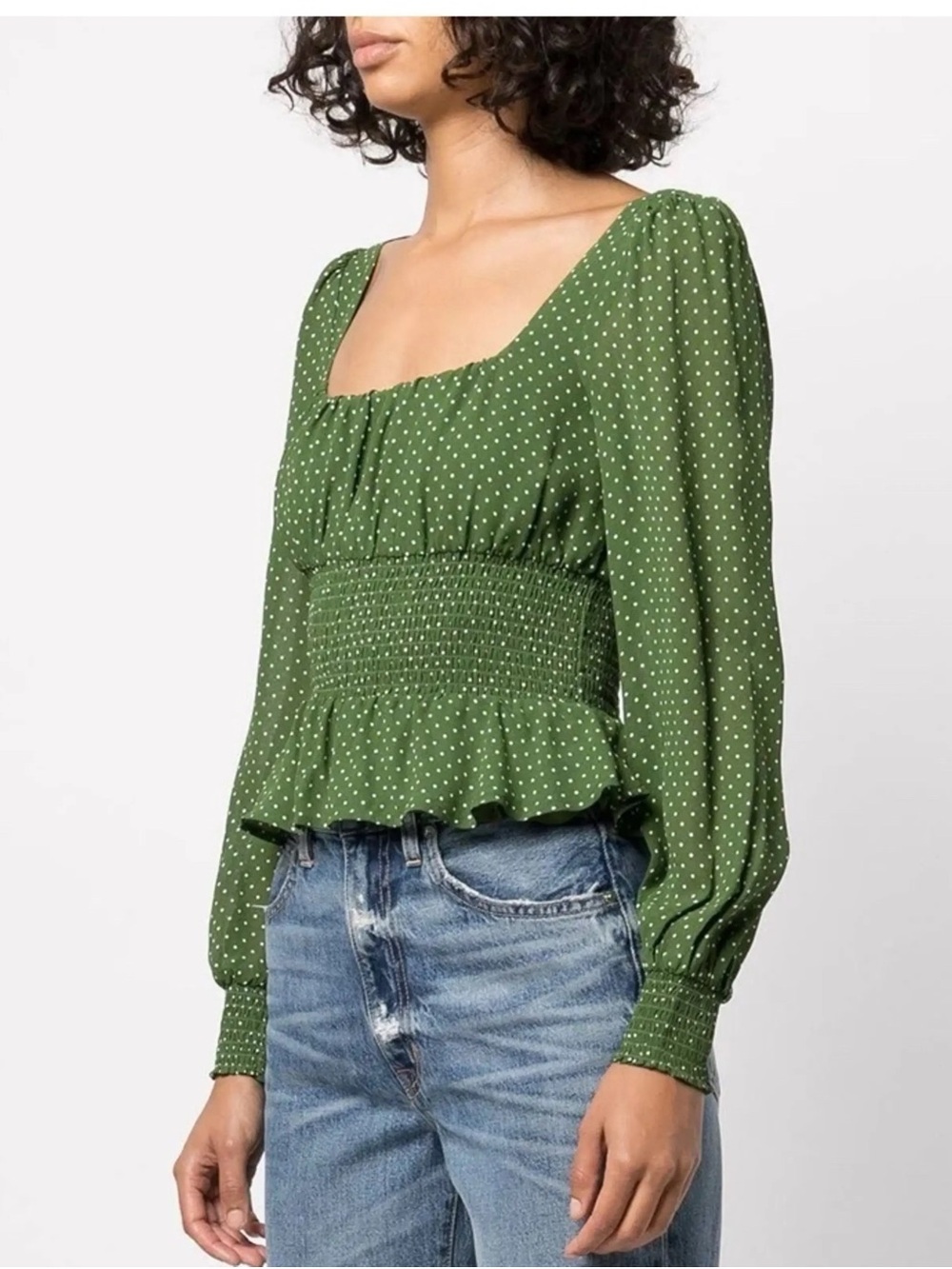 Reformation Olive Green Polka Dot Square Neck Peplum Hearth Top Size 12